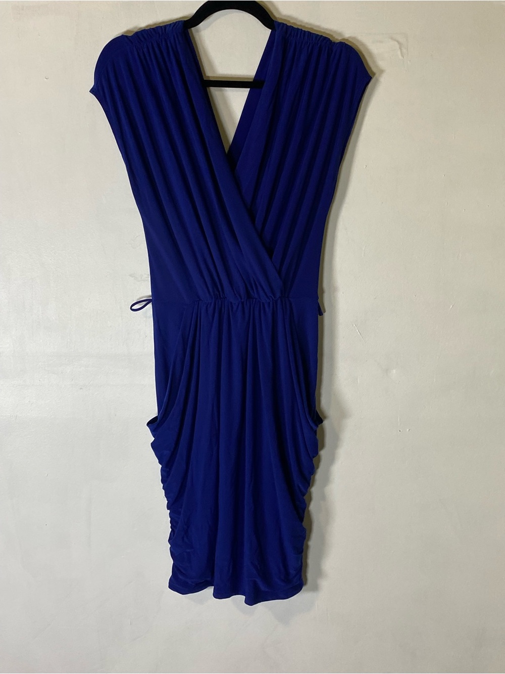 Cobalt Blue Faux Wrap Dress Draped Pocket Stretch Cocktail Party 1X Belt Not Inc